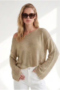 Olalook Women's Gold Boat Neck Spanish Sleeve Metallic Semi-Transparent Blouse