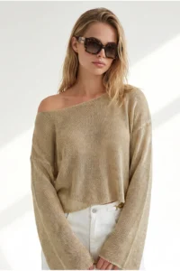 Olalook Women's Gold Boat Neck Spanish Sleeve Metallic Semi-Transparent Blouse - Image 2