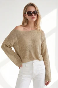 Olalook Women's Gold Boat Neck Spanish Sleeve Metallic Semi-Transparent Blouse - Image 5