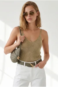 Olalook Women's Gold Thin Strap Metallic Semi-Transparent Blouse