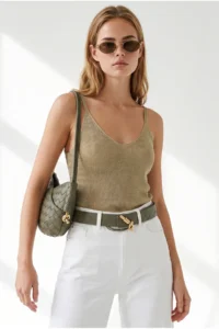 Olalook Women's Gold Thin Strap Metallic Semi-Transparent Blouse - Image 3