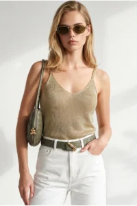 Olalook Women's Gold Thin Strap Metallic Semi-Transparent Blouse - Image 4