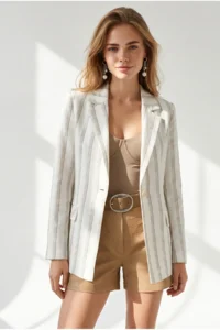 Olalook Women's Ecru Striped Lined Linen Blazer Jacket - Image 4