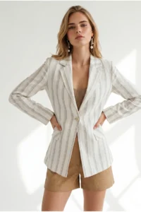 Olalook Women's Ecru Striped Lined Linen Blazer Jacket - Image 5