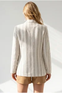 Olalook Women's Ecru Striped Lined Linen Blazer Jacket - Image 6