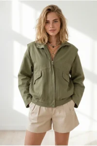 Olalook Women's Khaki Pocket Shoulder Detailed Oversize Zippered Gabardine Jacket