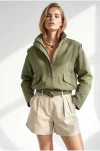 Olalook Women's Khaki Pocket Shoulder Detailed Oversize Zippered Gabardine Jacket - Image 2