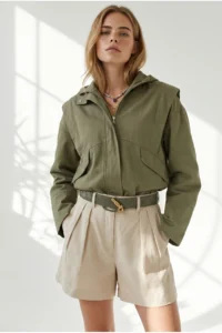 Olalook Women's Khaki Pocket Shoulder Detailed Oversize Zippered Gabardine Jacket - Image 3