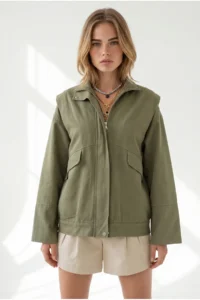 Olalook Women's Khaki Pocket Shoulder Detailed Oversize Zippered Gabardine Jacket - Image 4