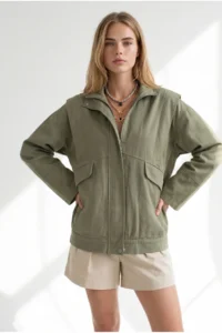 Olalook Women's Khaki Pocket Shoulder Detailed Oversize Zippered Gabardine Jacket - Image 5