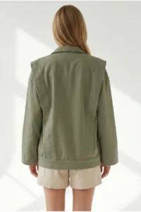 Olalook Women's Khaki Pocket Shoulder Detailed Oversize Zippered Gabardine Jacket - Image 6