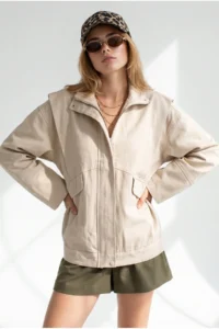 Olalook Women's Stone Pocket Shoulder Detailed Oversize Zippered Gabardine Jacket