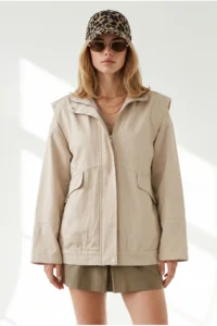 Olalook Women's Stone Pocket Shoulder Detailed Oversize Zippered Gabardine Jacket - Image 2