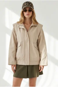 Olalook Women's Stone Pocket Shoulder Detailed Oversize Zippered Gabardine Jacket - Image 3