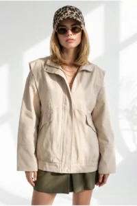 Olalook Women's Stone Pocket Shoulder Detailed Oversize Zippered Gabardine Jacket - Image 4