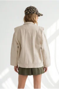 Olalook Women's Stone Pocket Shoulder Detailed Oversize Zippered Gabardine Jacket - Image 5
