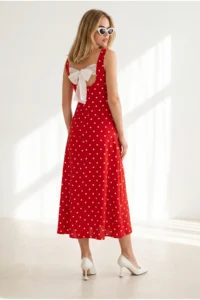Olalook Women's Red and White Back Bow Detailed Polka Dot Modal Tufted Dress