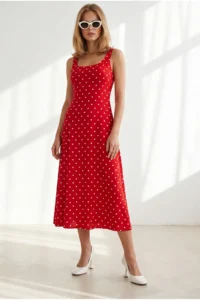 Olalook Women's Red and White Back Bow Detailed Polka Dot Modal Tufted Dress - Image 2