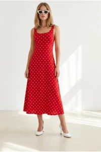 Olalook Women's Red and White Back Bow Detailed Polka Dot Modal Tufted Dress - Image 3