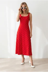 Olalook Women's Red and White Back Bow Detailed Polka Dot Modal Tufted Dress - Image 4