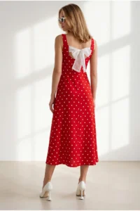 Olalook Women's Red and White Back Bow Detailed Polka Dot Modal Tufted Dress - Image 5