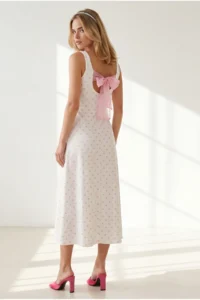 Olalook Women's White Pink Back Bow Detailed Polka Dot Modal Tufted Dress