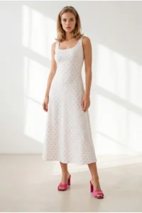 Olalook Women's White Pink Back Bow Detailed Polka Dot Modal Tufted Dress - Image 2