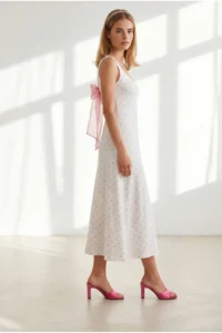 Olalook Women's White Pink Back Bow Detailed Polka Dot Modal Tufted Dress - Image 3