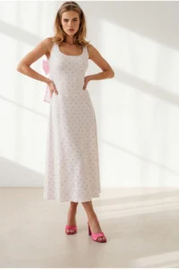 Olalook Women's White Pink Back Bow Detailed Polka Dot Modal Tufted Dress - Image 4