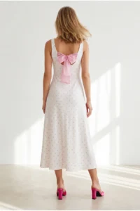 Olalook Women's White Pink Back Bow Detailed Polka Dot Modal Tufted Dress - Image 5