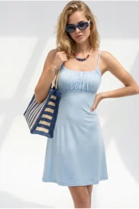 Olalook Women's Blue Strappy Robe Detailed Soft Textured Mini Dress