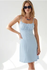Olalook Women's Blue Strappy Robe Detailed Soft Textured Mini Dress - Image 2