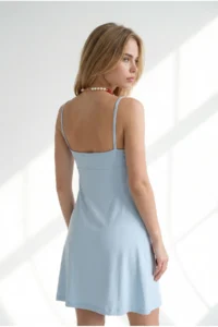Olalook Women's Blue Strappy Robe Detailed Soft Textured Mini Dress - Image 5