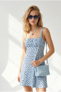 Olalook Women's Polka Dot Blue Strappy Robe Detailed Soft Textured Mini Dress - Image 3