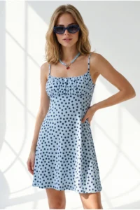 Olalook Women's Polka Dot Blue Strappy Robe Detailed Soft Textured Mini Dress - Image 4