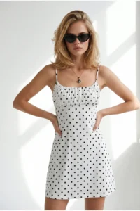 Olalook Women's Polka Dot White Strappy Robe Detailed Soft Textured Mini Dress