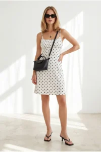 Olalook Women's Polka Dot White Strappy Robe Detailed Soft Textured Mini Dress - Image 3