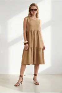 Olalook Women's Camel Crew Neck Piece Sleeveless Cotton Dress - Image 2