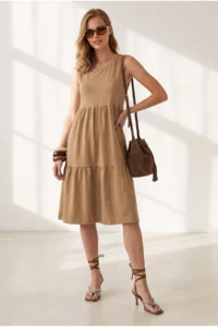 Olalook Women's Camel Crew Neck Piece Sleeveless Cotton Dress - Image 3