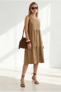 Olalook Women's Camel Crew Neck Piece Sleeveless Cotton Dress - Image 4
