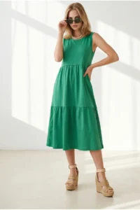 Olalook Women's Grass Green Crew Neck Piece Sleeveless Cotton Dress