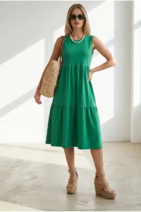 Olalook Women's Grass Green Crew Neck Piece Sleeveless Cotton Dress - Image 2