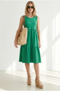 Olalook Women's Grass Green Crew Neck Piece Sleeveless Cotton Dress - Image 3