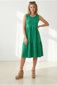 Olalook Women's Grass Green Crew Neck Piece Sleeveless Cotton Dress - Image 4
