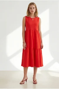 Olalook Women's Red Crew Neck Piece Sleeveless Cotton Dress - Image 2