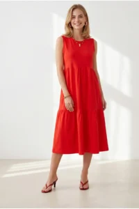 Olalook Women's Red Crew Neck Piece Sleeveless Cotton Dress - Image 3