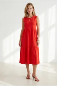 Olalook Women's Red Crew Neck Piece Sleeveless Cotton Dress - Image 4