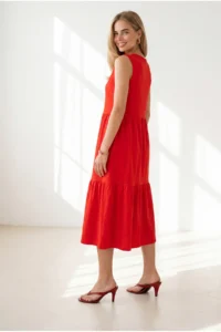 Olalook Women's Red Crew Neck Piece Sleeveless Cotton Dress - Image 5