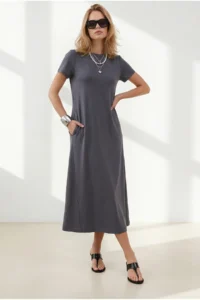 Olalook Women's Anthracite Crew Neck Pocketed Modal Buttoned Flowy Dress