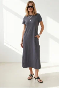 Olalook Women's Anthracite Crew Neck Pocketed Modal Buttoned Flowy Dress - Image 2